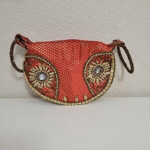 Unique Indian Fortune Cookie Women's Red Clutch Bag Gold Boho Beaded Eclectic
